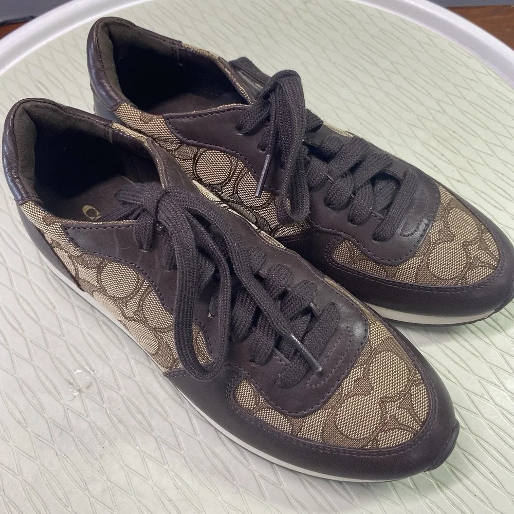 COACH Farah Womens Casual Leather Shoes Nappa Sig C brown Khaki US Sz.6B EUC